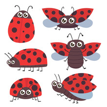 Cartoon Ladybug. Cute Ladybugs, Red Bug And Insects Illustration Set. Funny Lady Bugs. Dotted Flying Beetle Stickers Collection On White Background