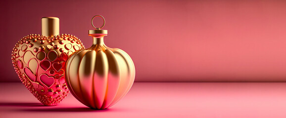 two golden heart-shaped perfume bottles on a pink background, illustration of an backgrou and Copy Space