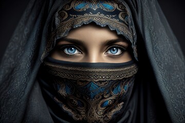 Stunning photorealistic portrait of beautiful woman in islam niqab clothes. Generative art