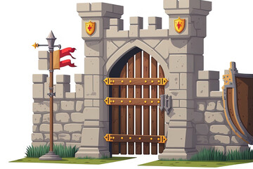 Wall Mural - Illustration of a medieval city gate in stone, with an iron grate, a wooden shield, and a spear. Brick built historical structure, fantastical archway, and fortification. white stone castle game clipa