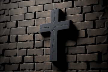 Wall Mural - notion of religion wooden cross on fresh black plastered brick wall; several crosses. Generative AI