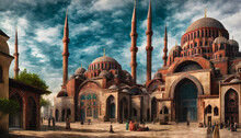 Majestic Mosque Located On A Sandy Desert, Surrounded By Towering Dunes And A Clear Blue Sky. Generative AI