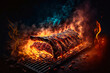 Juicy dripping grilled ribs with smoke and fire background