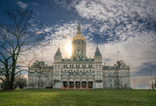 Hartford, CT - USA - Dec 28, 2022 Sunset View Of The Historic Connecticut State Capitol, The Eastlake Style Building With A Distinctive Domed Tower Was Built In 1878 By Upjohn And Batterson.