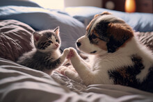 Petting A Puppy And A Kitten Together As Best Buddies On The Bed. Generative AI