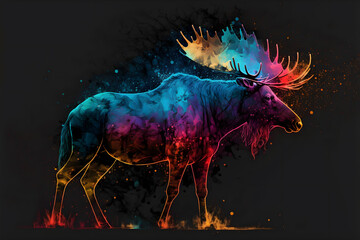 Illustrative abstract design of a moose. Multicolored painting. Generative AI.