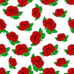 Wall Mural - Seamless pattern of red roses on white background. Red Rose flowers background in flat style, vector illustration