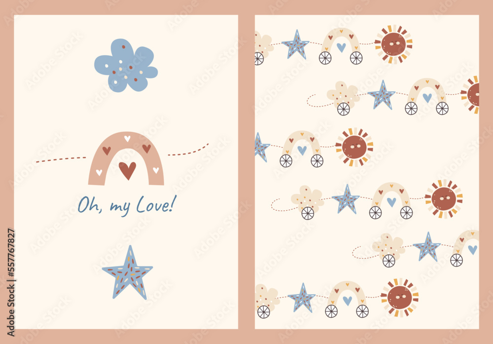 Baby shower card. Vector printable cute design with rainbow, stars ...