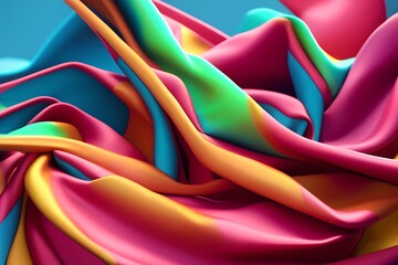 Silk cloth, smooth colorful fabric wrapping up around itself modern background. Pink, yellow, blue cloth Abstract rendering wallpaper.