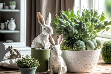 Rustic. white and green. In the interior of the living room, on the table, are iron planters filled with Easter eggs, flowers, candles, and bunnies. The idea of home comfort over the joyous Easter hol