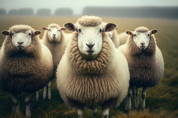 Wall Mural - In a grassland, many sheep stand side by side and gaze at the camera. Generative AI