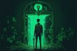 mysterious green glowing door with a keyhole