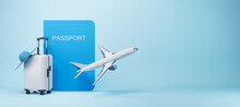 Vacation, Business Trip And Travel Concept With Graphic Passport Cover, Light Suitcase And Taking Off Plane On Blue Blank Background With Place For Advertising Poster. 3D Rendering, Mock Up