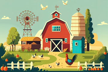 Poster - Illustration of a landscape in a farmyard. Farmhouse with a wooden barn, a green rural farm, a chicken coop with eggs in it, hay stalks, a blue sky in the distance, a ladder, a pitchfork, and a barrel