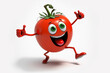 Cheerful funny tomato cartoon motivated and isolated on a white background. Vegetable healthy food concept. Copy space.