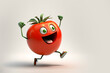 Cheerful funny cartoon tomato motivated and isolated on a white background. Vegetable healthy food concept. Copy space.