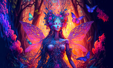 Beautiful Fairy With Wings In A Fantasy Magical Enchanted Forest With Butterflies