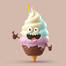 Cartoon Character Ice Cream In Cone. Generated AI
