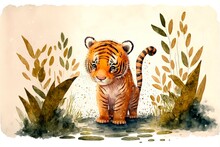 Cute Tiger Cub Standing In The Middle Of The Forest. Watercolor Painting Of Cute Tiger Cub Wild Animals.