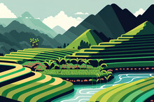 Terraced Rice Fields In Asia In A Mountainous Setting. Paddy Fields, A Farm With Waterfalls In A Mountain Range In China, Vietnam, Thailand, Or The Philippines, Or A Meadow With Green Grass As A Backd