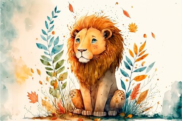 Canvas Print - Cute lion standing in the middle of the forest. Watercolor painting of cute lion wild animals.