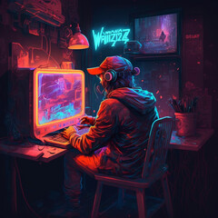 Wall Mural - NEON GAMER ART | GAMER SITTING IN NEON LIGHT 