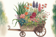 Flower Filled Cart From The Garden. Illustration In Watercolor. Leaves, Peonies, Daffodils, And Hyacinth. Generative AI