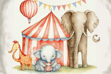 Watercolor Illustration Of Circus Animals For A Nursery. Generative AI