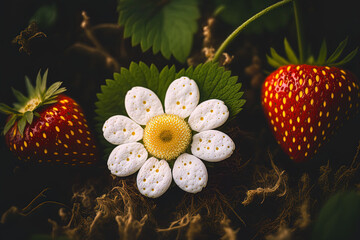 Poster - Close up of a white blossom with red strawberries in a strawberry field. Summer gardening backdrop. Generative AI