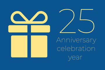 25 logo. 25 years anniversary celebration text. 25 logo on blue background. Illustration with yellow gift icon. Anniversary banner design. Minimalistic greeting card.  twenty-five  postcard