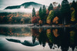 Lake fog in a park with reflections of the mountains and autumnal leaves in New England Stowe. Generative AI