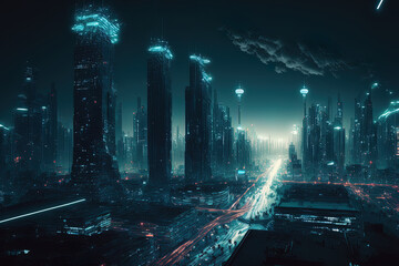 Sticker - Illustration of the nighttime cityscape in cyberspace. The setting is gloomy yet lit. evening life. 5g technology network. Beyond generation and sci fi future capital metropolis and construction scena