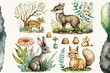 Forest baby creatures in watercolor. Raccoon, hare, squirrel, deer, flower, and fungus. a valley, a wooded area, and summer. Nature's creatures. Generative AI