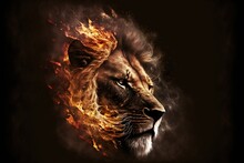 Portrait Depicting The Lion King On Fire On A Black Background. Digital Art. AI