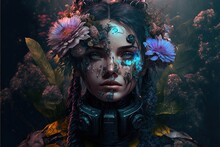 Portrait Of A Girl With Flowers On Her Face From Sci-fi Cyberpunk. AI