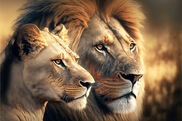 Majestic pair of African lions. AI