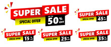 Special Offer Banner Set, Hot Sale, Big Sale, Super Sale, Sale Banner Vector. Red, Black And Yellow Vector Banner Template. 50%, 15%, 25%, 35%, 45%.