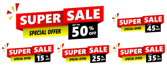 Special offer 50%, 15%, 25%, 35%, 45% banner set , hot sale, big sale, super sale, sale banner vector. red, black and yellow vector banner template. .