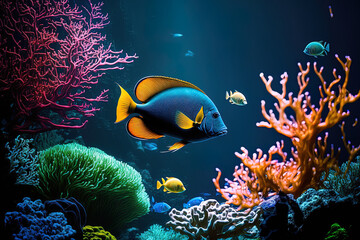 Wall Mural - Tropical vegetation and colorful exotic fish float in a deep blue aquarium. Generative AI