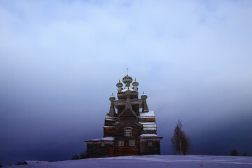 Wall Mural - wooden church in the Russian north landscape in winter, architecture historical religion Christianity