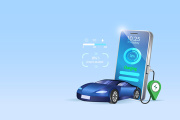 EV car, Electric vehicle car charging battery on smartphone stations. Rechargeable battery for sustainable clean energy resources. Alternative energy in transportation technology. 3D vector.