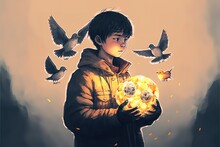 A Boy With Bird Wings Holds A Glowing Ball