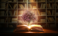 Open Magic Book With Growing Pink Tree On Table In Dark Library