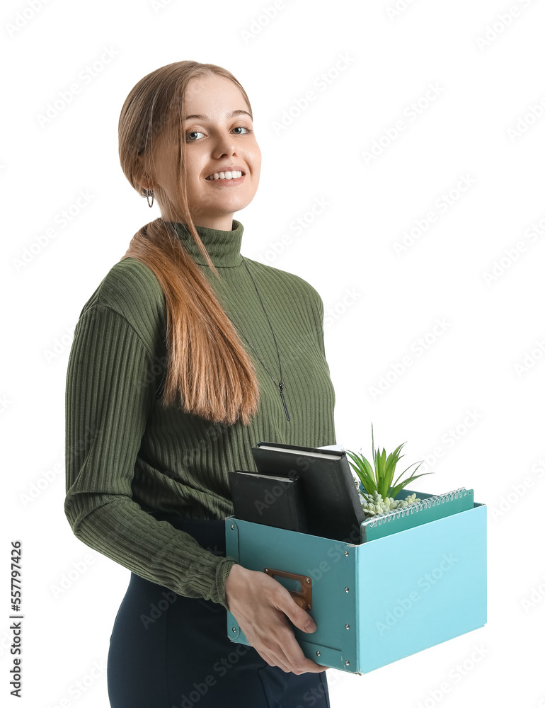 Fired young woman holding box with her stuff on white background