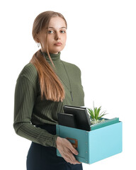 Wall Mural - Fired young woman holding box with her stuff on white background