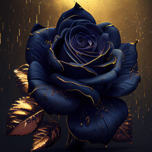 Generative AI: Blue Rose With Golden Ornament And Blue Background