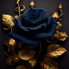 Wall Mural - Generative AI: blue rose with golden ornament and grey background