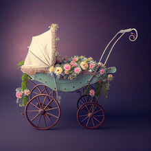 Generative AI: Vitange Baby Carriage In A Old Background For Children's Photo Session