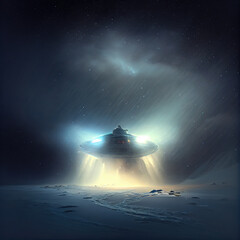 Wall Mural - Generative AI: ufo in a ice strong storm with blue colors and ligths
