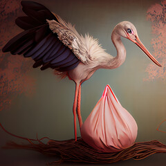 Wall Mural - Generative AI:stork with a pink bag announcing a newborn in a studio background